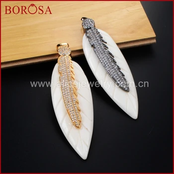 

BOROSA Trendy Gold/Black Color Natural White OX Bone Carved Leaf Pendant Bead Pave Zircon Drusy Fashion Jewelry WX249