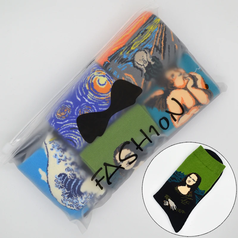 

5 Pair/set Famous Oil Painting Mona Lisa Art Women Socks Cotton Harajuku Fashion Funny Girls Long Socks with Gift Bag