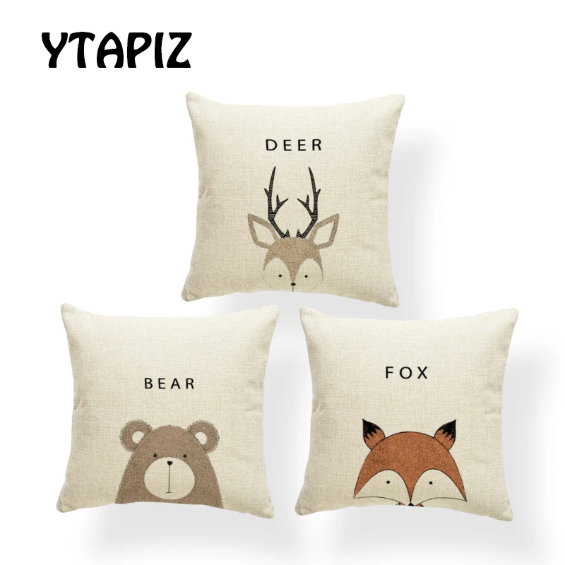 

Simple Wind Cute Animal Pillow 45X45cm Polyester Fox Owl Penguin Tiger Pattern Brown Orange Gray Decoration Sofa Cushion Case