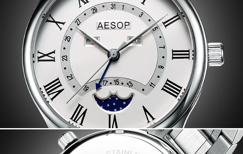 AESOP Quartz Watch Multi-Function Chronograph Complete Calendar Moon Phase Waterproof Stainless Luxury Relojes Para Hombre