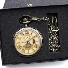 Роскошные Высокое качество Золотой фаза Луны Механические карманные часы римские цифры часы Tourbillon циферблат подвеска на цепочке Для мужчин Для женщин PJX1398