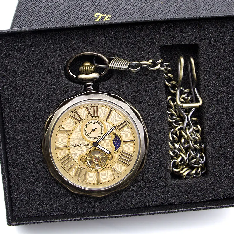 Роскошные высококачественные механические карманные часы с золотой луной, с римским номером, Tourbillon, цепочкой с подвеской, для мужчин и