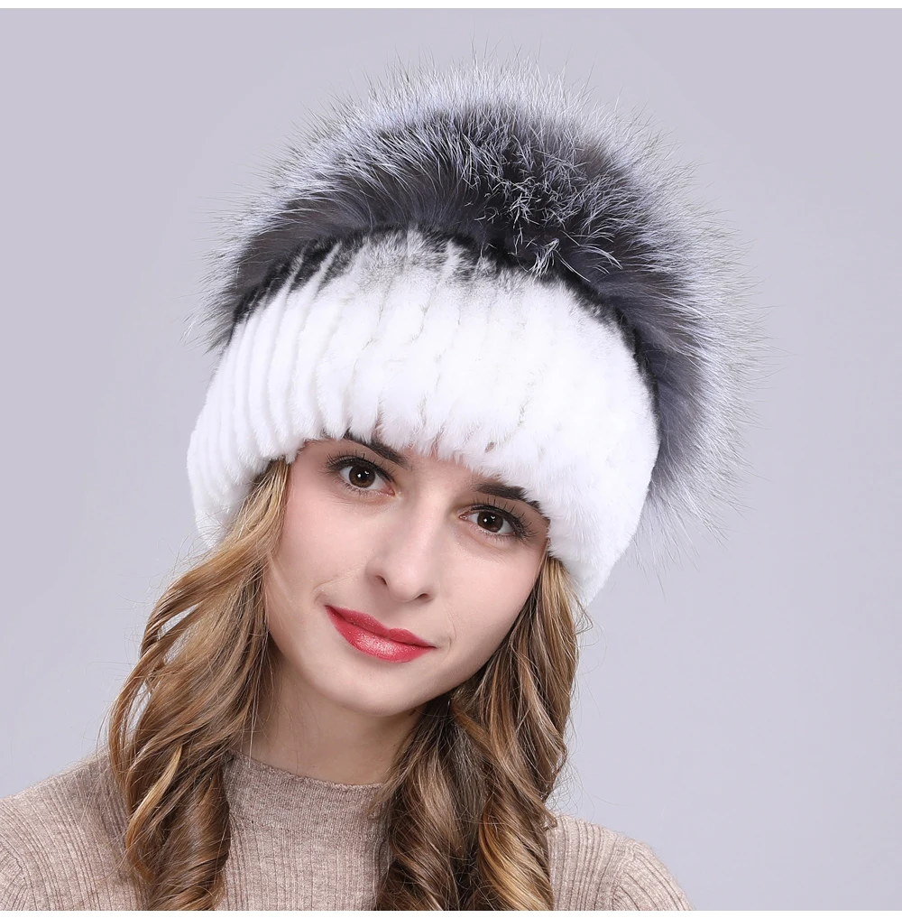 Outdoor Women Warm Soft Genuine Rex Rabbit Fur Hat Knitted Natural Real Sliver Fox Fur Caps Winter Real Rabbit Fur Beanies Hats