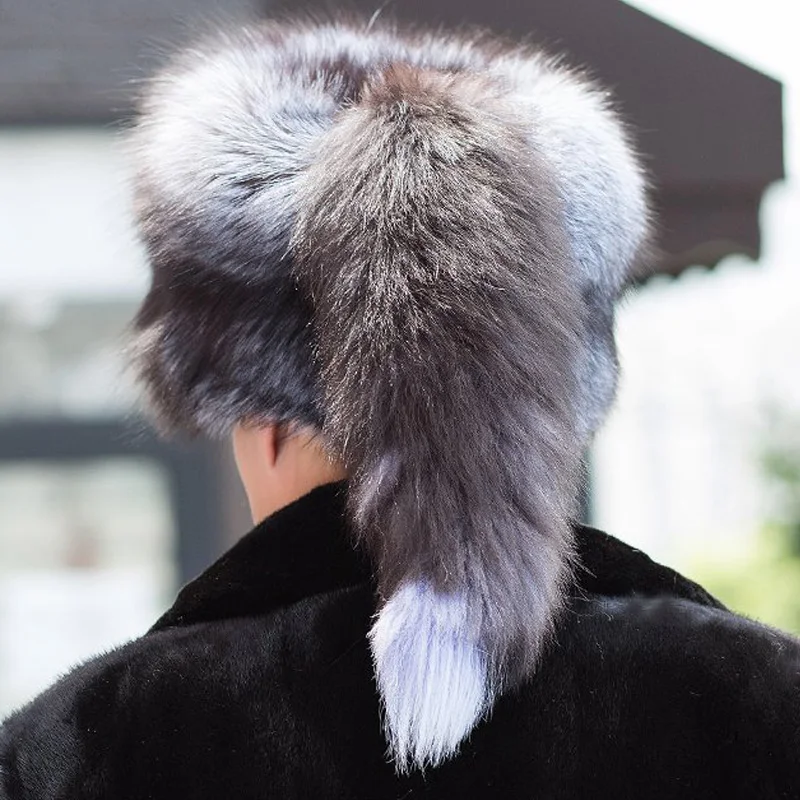 Русская Настоящая Натуральная silver fox меховая шапка человек с леди лисий хвост