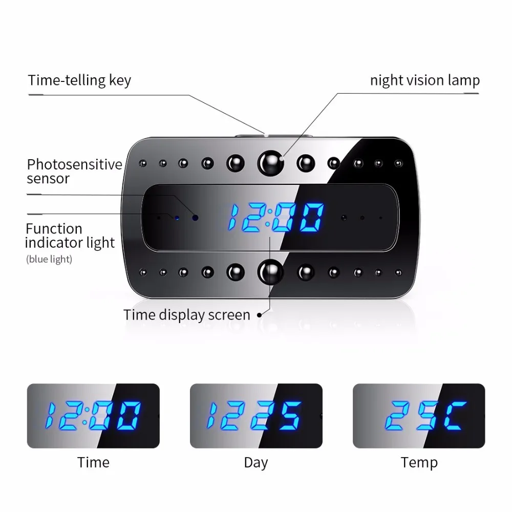 

1080P WIFI Mini Camera Time Alarm Wireless Nanny Clock P2P IP/AP Security Night Vision Motion Detection Home Secret hidden TFcar