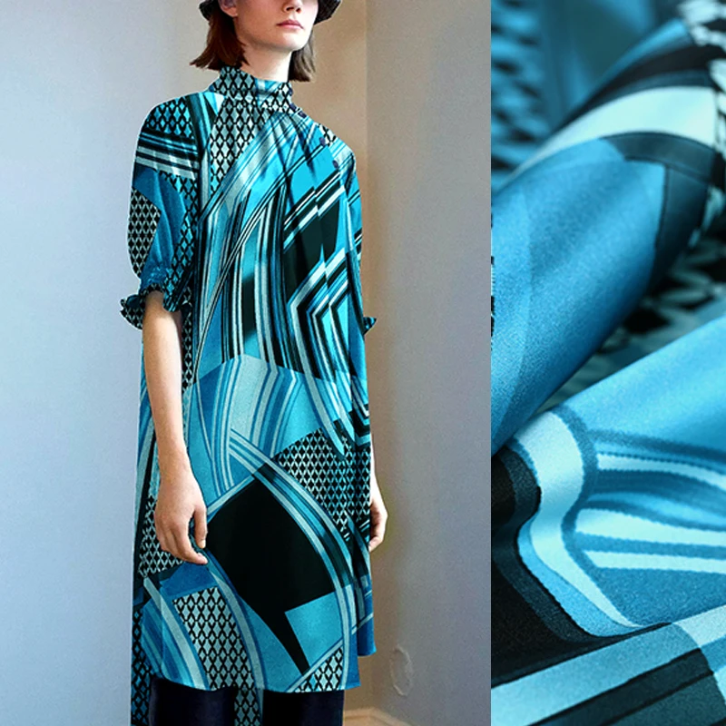 106 см шириной 19 мм Синий принт 94% шелк 6% спандекс стрейч гладкая шелковая атласная ткань для платья рубашка шарф DE980