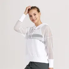 CKAHSBI Женская и женская сексуальная Сетчатая футболка с капюшоном дышащая Йога Фитнес Бег Быстросохнущий Топ с длинным рукавом Свободная одежда Новинка