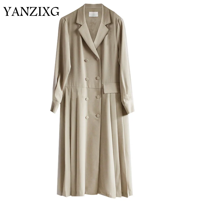 

2019 New Summer Fashion Women Clothes Turn-down Collar Full Sleeves Pleated Double Breasted Windbreaker E329