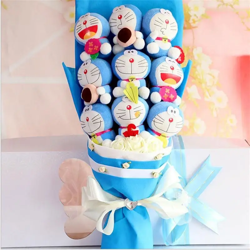 Handmade Cartoon Doraemon plush toys with fake flowers