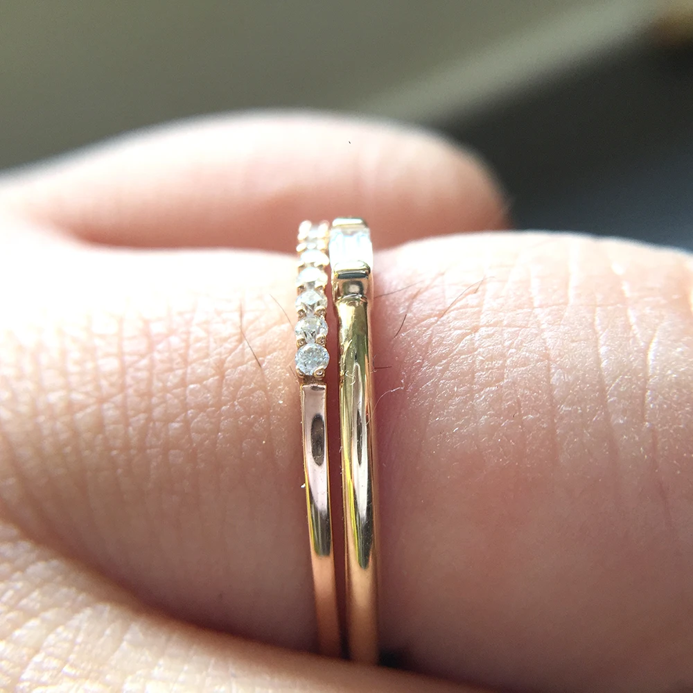 14K Yellow Gold Emerald & Round Moissanite Engagement Mini Band for Women (2pcs Lovely Ring)