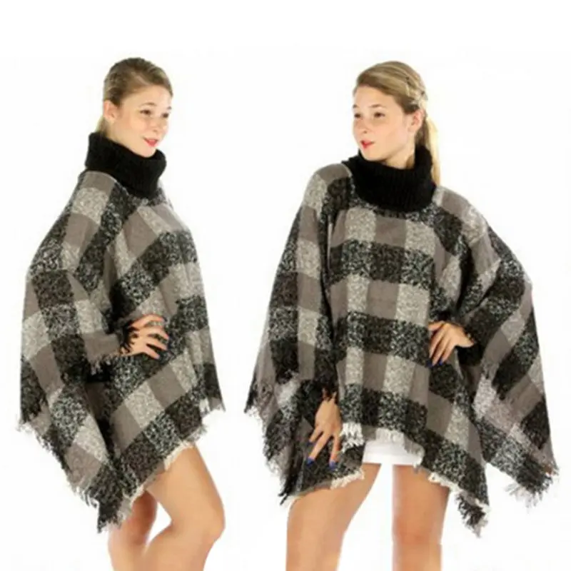 Women Poncho Knit Ethnic Fusion font b Tartan b font Knitted Turtle Neck Sweater Coat Outwear