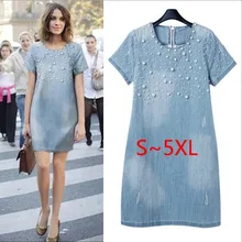 Large size 5XL Sundress Jeans Women's casual plus vestidos embroidery beaded Denim Dresses big sizes Party Summer Dress