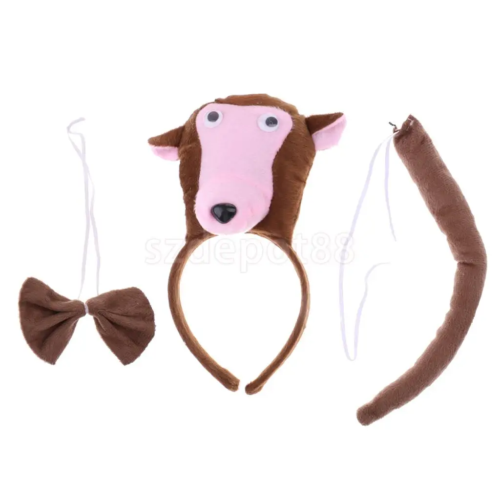 Set of 3pcs Birthday Girls Boys Kids Cartoon Bear Bee Monkey Costume Set Headband Bowtie Tail Fancy Dress Party Accessories
