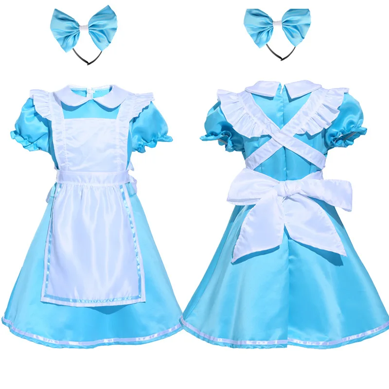 Костюм горничной Алисы на рост 95-135 см детское платье голубой фартук милый наряд комплект одежды с бантиком на Хэллоуин для девочек