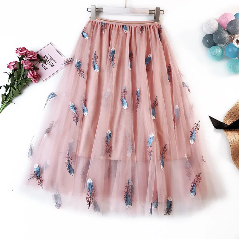 

Tulle Skirts Women Embroidery Feather Pleated Skirt 2019 Summer Fashion Elastic High Waist Tutu Skirt Female Pink Black