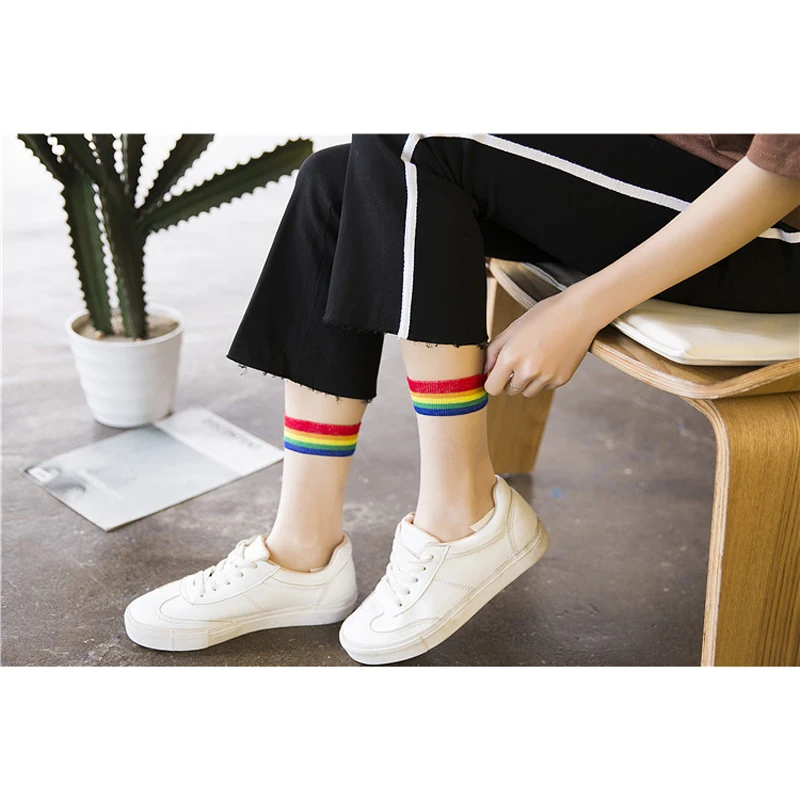 

Women Transparent Socks Rainbow Harajuku Short Socks Summer Striped Ultrathin Crystal Silk Socks Ankle Sock Calcetines Mujer