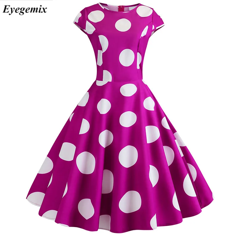 Pink Polka Dot Dress Women Summer Short Sleeve Hepburn Dresses Retro ...