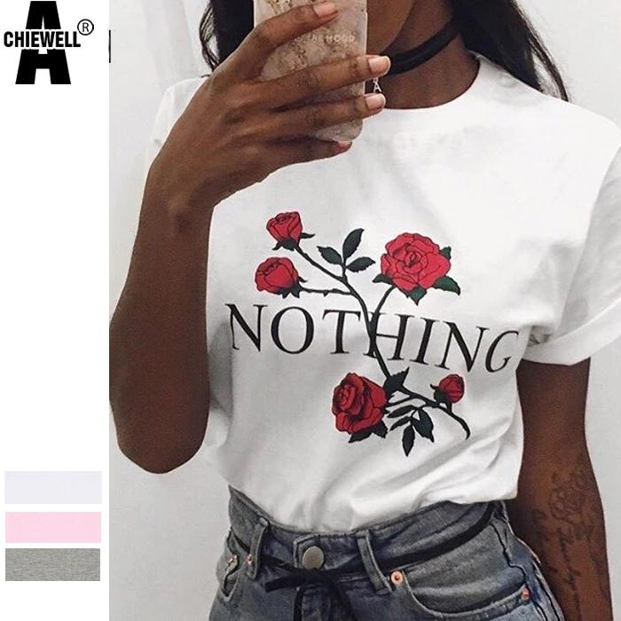 Achiewell Summer Women Nothing Letter Rose Print T Shirt Casual Short Sleeve O Neck Basic T