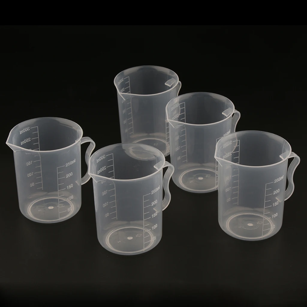 Clear Graduated Beaker Measuring Cup Jug with Handle Grip Metric 250mL 5pcs