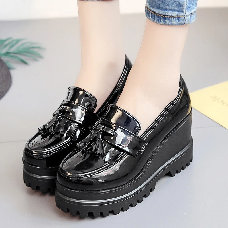 Super High Heels Brogue Shoes Woman Japanned Leather Fringe Platform ...