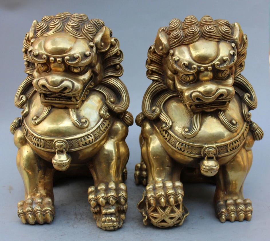 

bi002883 15" Chinese Guardion Phylacter Bronze Foo Fu Dog Door Lion Ball Kid Pair Statue