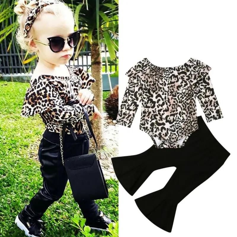 Модный детский леопардовый комбинезон с длинными рукавами для маленьких девочек, топы, длинные расклешенные штаны, комплект леггинсов, осенняя одежда