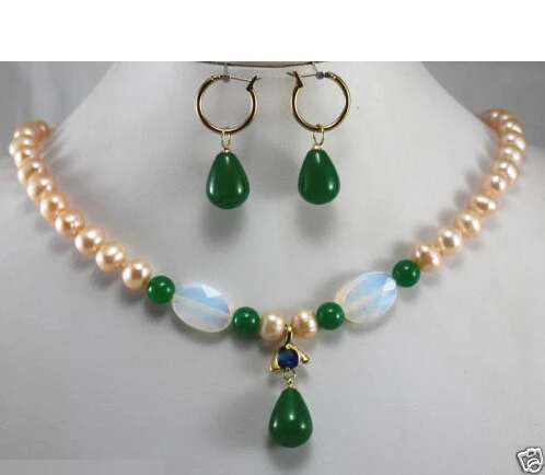 

shipping New Jewelry 8mm Yellow Green Pearl/Jade Necklace Hook Earring Pendant set (A0516)
