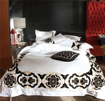 

Super 100s egyptian cotton luxury black and white bedding set queen king size 4/6pc embroidered duvet cover sets 60x60 euro case