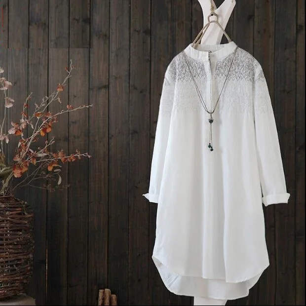 

Lace Embroidery White Blouse Stand Collar Full Sleeve Medium Long Loose Casual Plus Size Spring Summer Design 100% Cotton