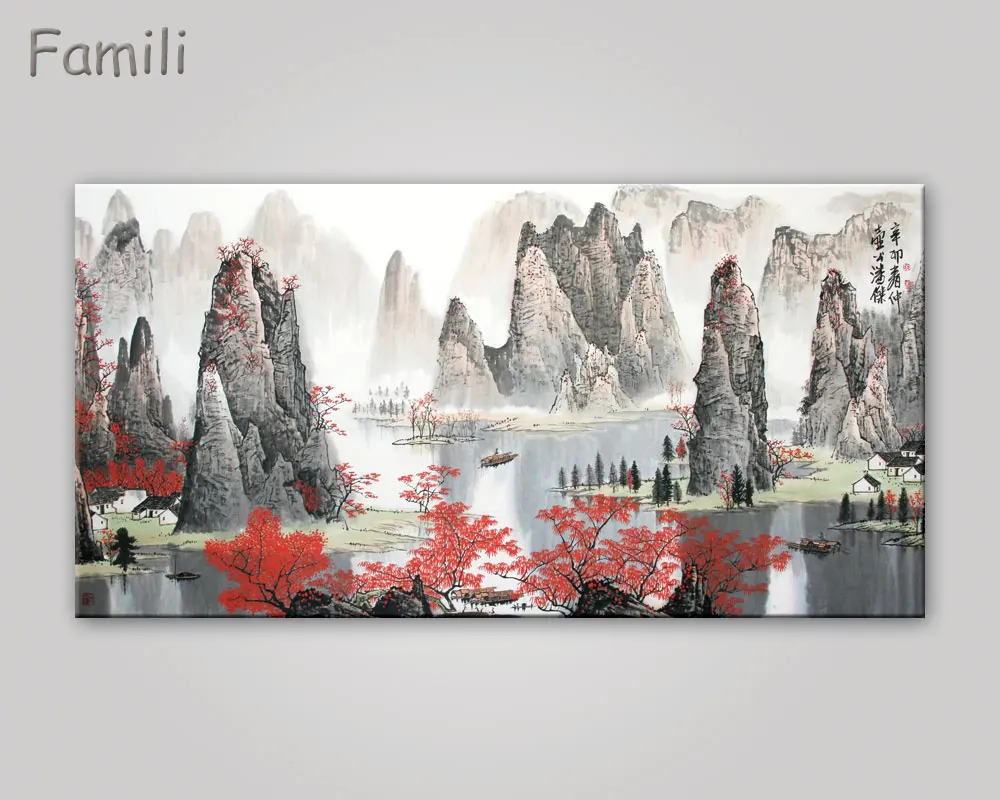 

Chinese Landscape canvas paintings Red maple and boat canvas pictures vintage home decorative on the wall art for living room