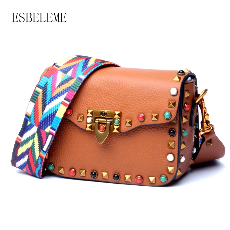 

Famous Brand Genuine Leather Women Rivets Single Shoulder Bags for Female Cow Leather Crossbody Bag Brown Red Blue Black YG163