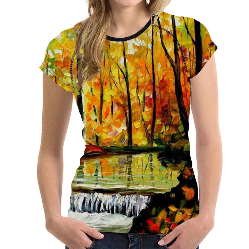 Murah Disesuaikan Wanita T Shirt Minyak Lukisan Daun Dicetak T shirt Teeangers Lucu Musim Panas Atasan untuk Wanita Pohon Pola Kemeja TEE Jual Disesuaikan Wanita T Shirt Minyak Lukisan Daun Dicetak T shirt Teeangers Lucu Musim Panas Atasan untuk Wanita Pohon Pola Kemeja TEE