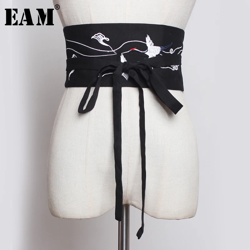 

[EAM] 2020 New Spring Summer Embroidery Split Joint Bandage Bow Personality Long Wide Belt Women Fashion Tide All-match JW201