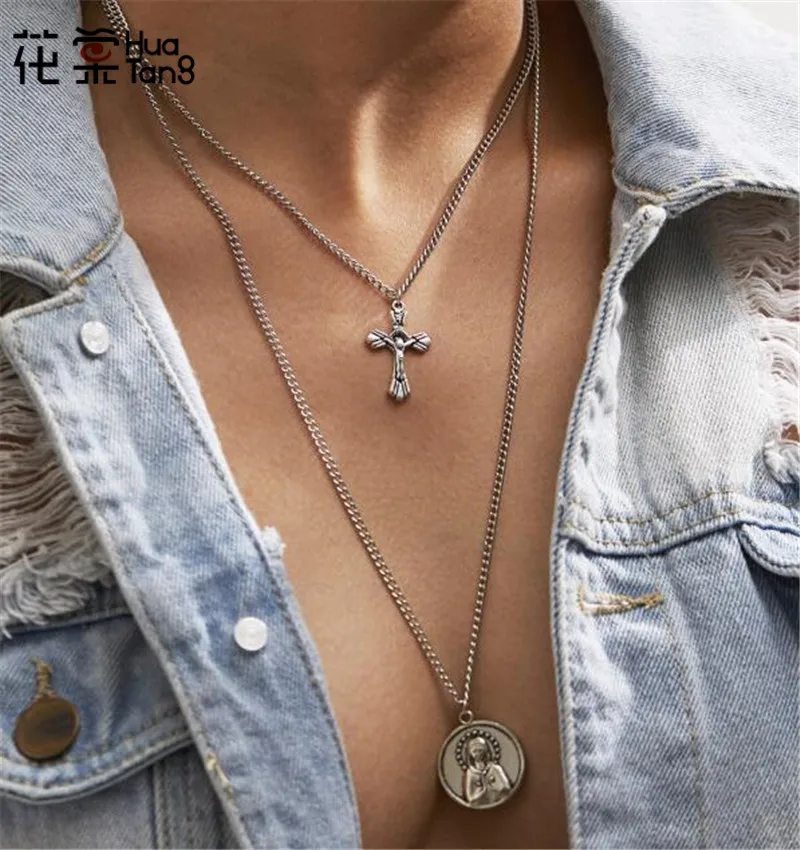 

HuaTang Punk Silver Chain Cross Buddha Pendant Necklaces Geometric Alloy Layered Necklace Choker Fashion Statement Jewelry 4434