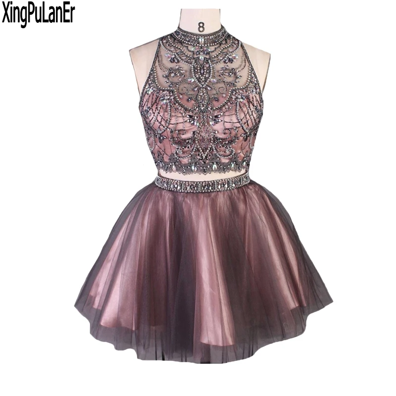 

A Line Silver Beaded Crystals Keyhole Back Two Piece Real Sample Short Evening Party Gowns Girls Prom Dresses