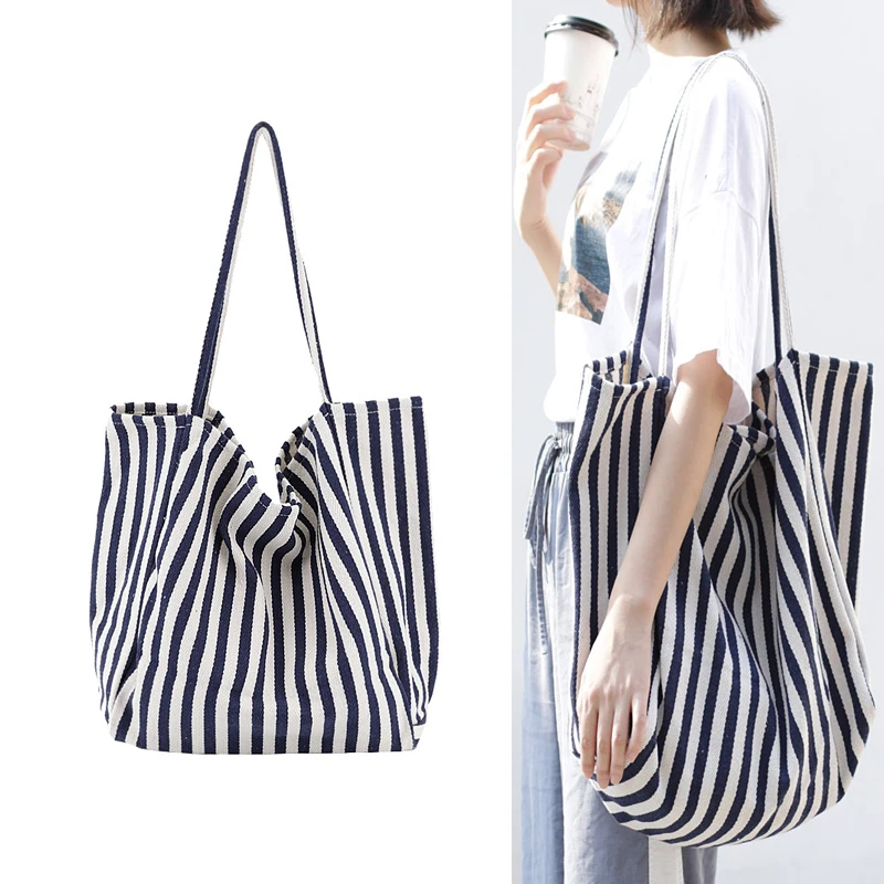 Высококачественная Большая вместительная сумка полосатые повседневные сумки повседневные женские сумки на плечо женские многоразовые сумки для покупок