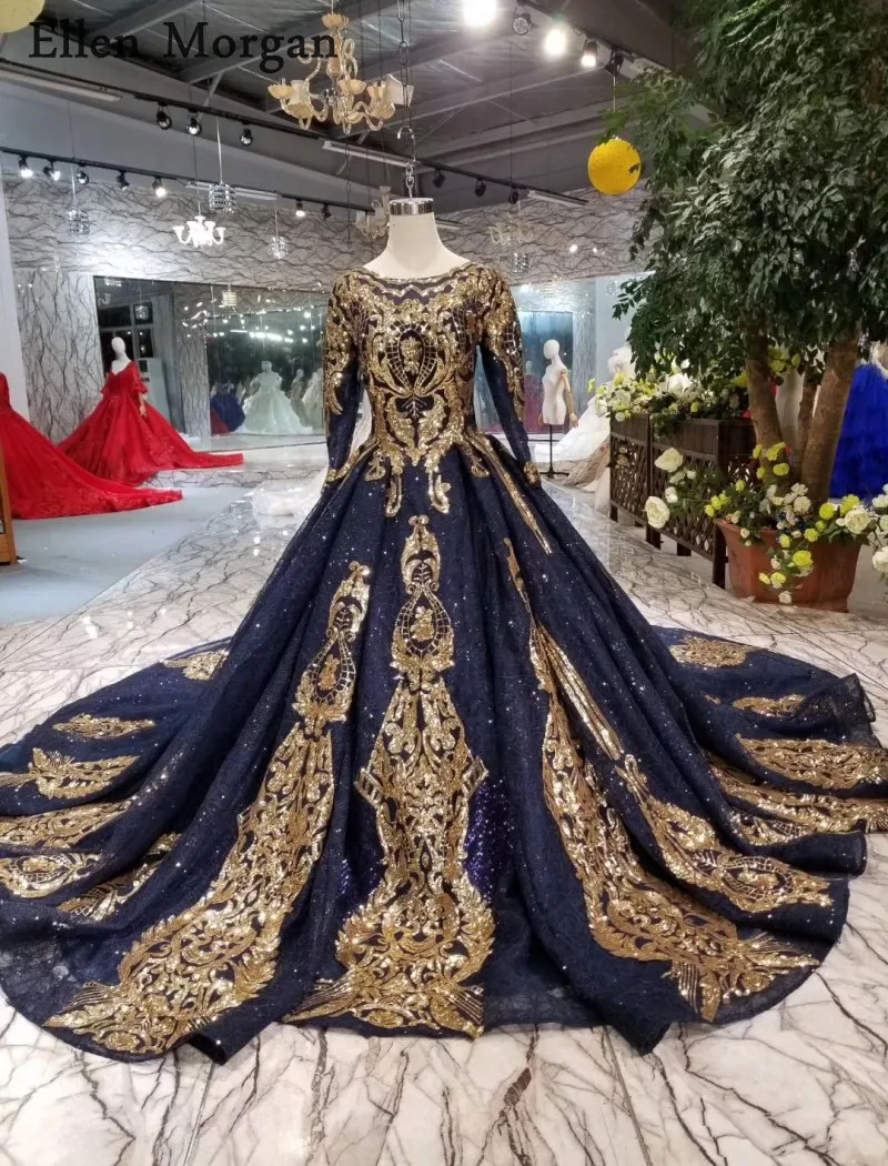 Granoferta Vintage Manga Larga Azul Marino Vestidos De Boda 2019 Elegante Inflado Hecho A Medida Oro Encaje Colorido Vestido Novia Musulman September 2020