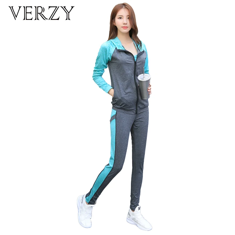 

VERZY Women 4 Pieces Yoga Set Bra+T-shirt+Coat+Pants Slim Fitness Solid and Patchwork 2 Colors Outdoor Running Suit Sportswear
