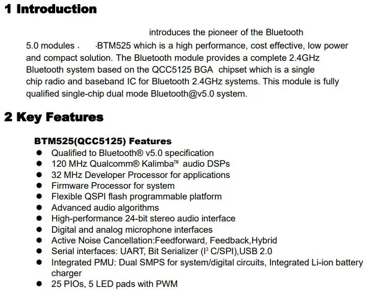 BTM320 QCC3020/BTM334 QCC3034/BTM524 QCC5124/BTM525 QCC5125 Bluetooth 5,0 аудио модуль