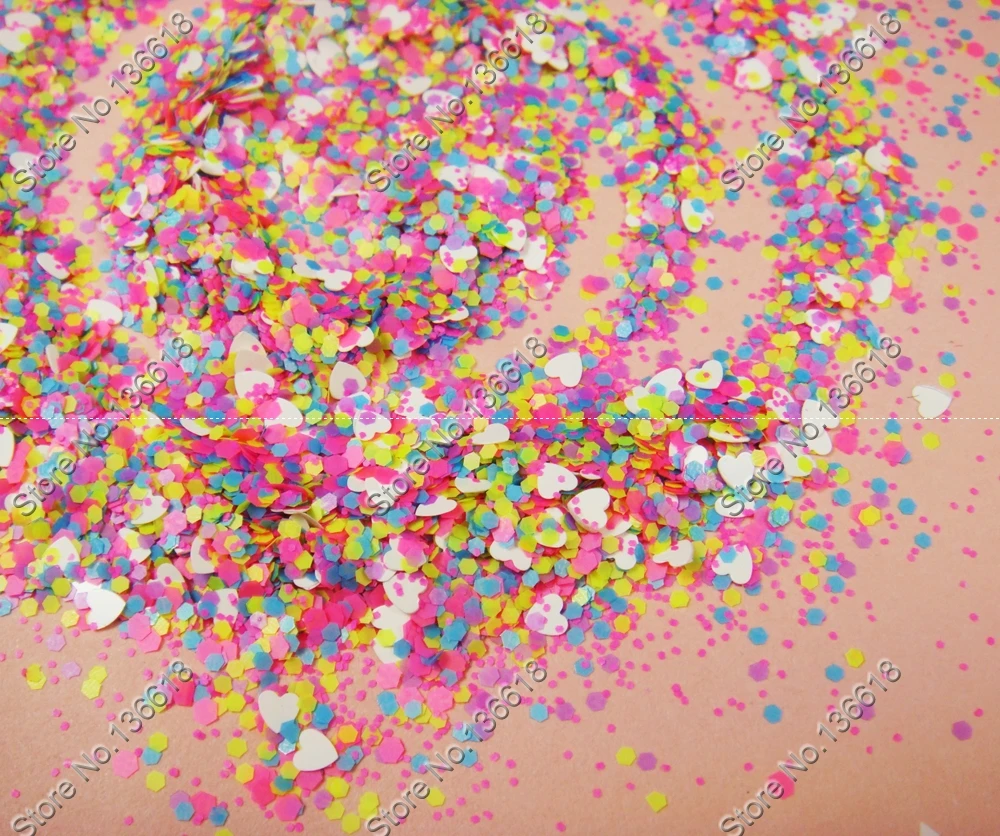 

Solvent Resistant Glitter Matte NEON Colors Mixed Hexagon Heart Shapes for DIY Gel&Acrylic Nail Art and Nail Polish