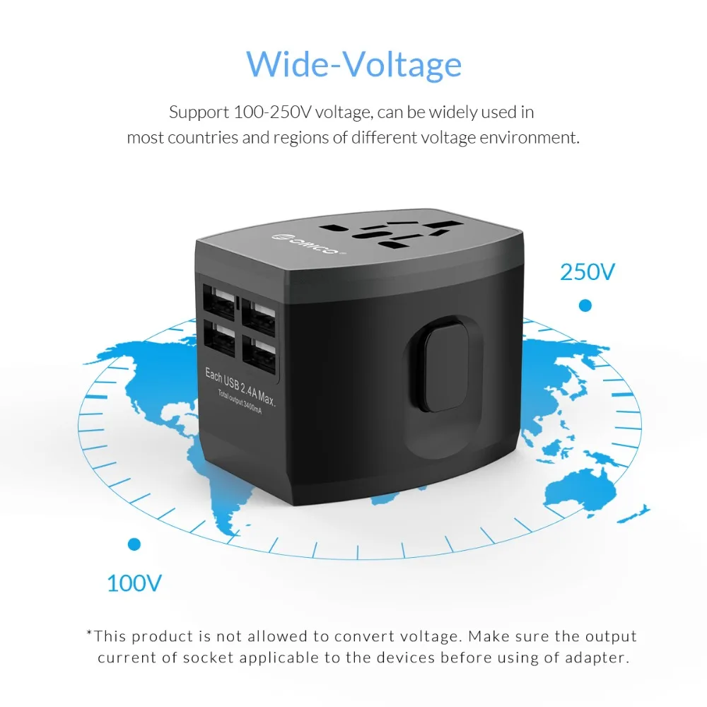 ORICO дорожный адаптер электрическая розетка EU/US/UK/AU штекер Универсальный адаптер питания с 4 портами usb 5V3. 4A зарядное устройство