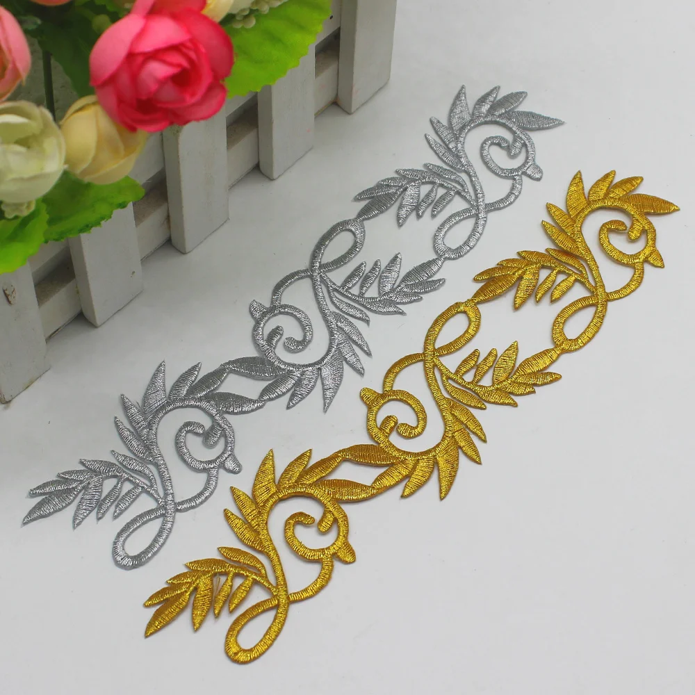 

Diy Iron On Patches 5 Pcs/Lot Gold Embroidered Patches Apparel Lace Appliqued Cosplay Costume Trims Diy Accessories 20cm*4cm