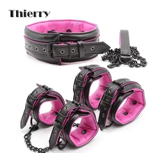 Thierry new arrive quality collar wrist ankle cuffs for slave role-play adult games,handcuffs Bondage Restraints set, Sex toys