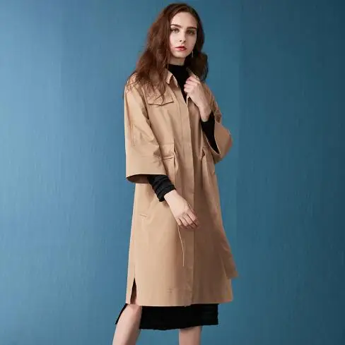 Automne khaki Nouveau Green Long Down Slim Solide Lady Office Neuf Manches Fit Col Casual 2018 Femmes Trimestre Manteau Turn Style Trench Trenchfr1116 f1gwxfEqd