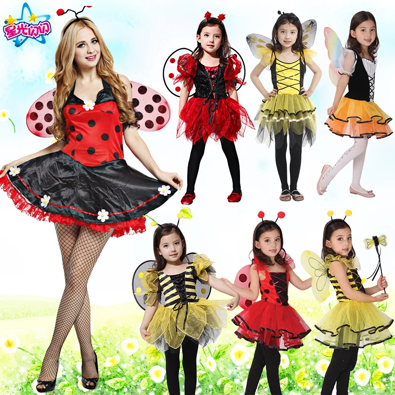 

Free shipping,children adult girl Halloween party yellow bee ladyfly set red ladybug dress costume with wing headband
