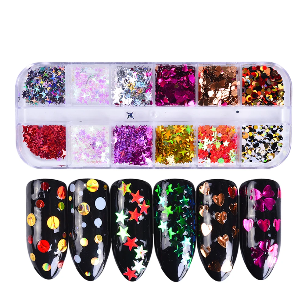 

1 Set Color Round Star Nail Glitter Sequins Paillette Mixed 12 Grid DIY Charm Polish Flakes Decorations Manicure Tips Kit SA196