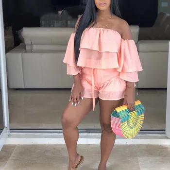 

Fashion 2019 Women Off The Shoulder Sexy Set Slash Neck Crop Top With Short Two Piece Set Casual Ruffle Sets