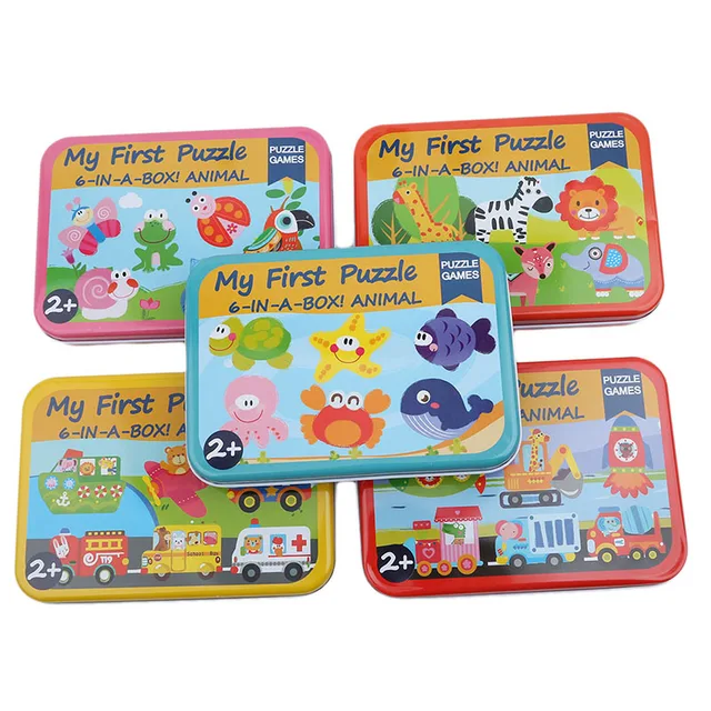 New 6 In 1 Iron Box Cartoon Animals Wooden Puzzle Children Montessori Early Educational Toys Baby Toys Gifts For Kids 3