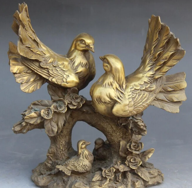 

11" Chinese FengShui Folk Bronze Flower Two Bird Birds Family Scenery Statue R0711 Discount 35%
