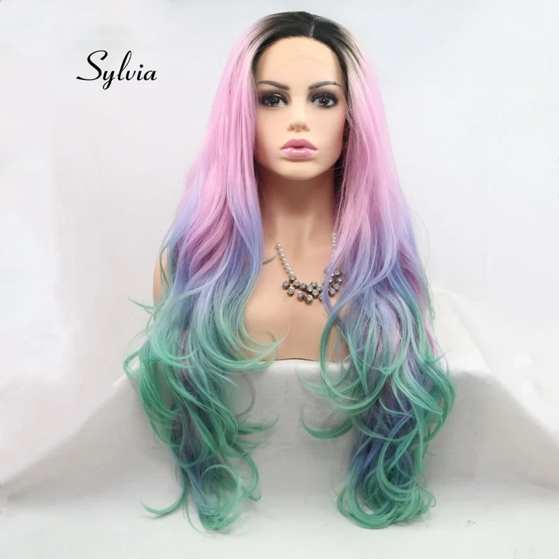 Sylvia/розовый и зеленый длинные волнистые волосы синтетические кружевные передние